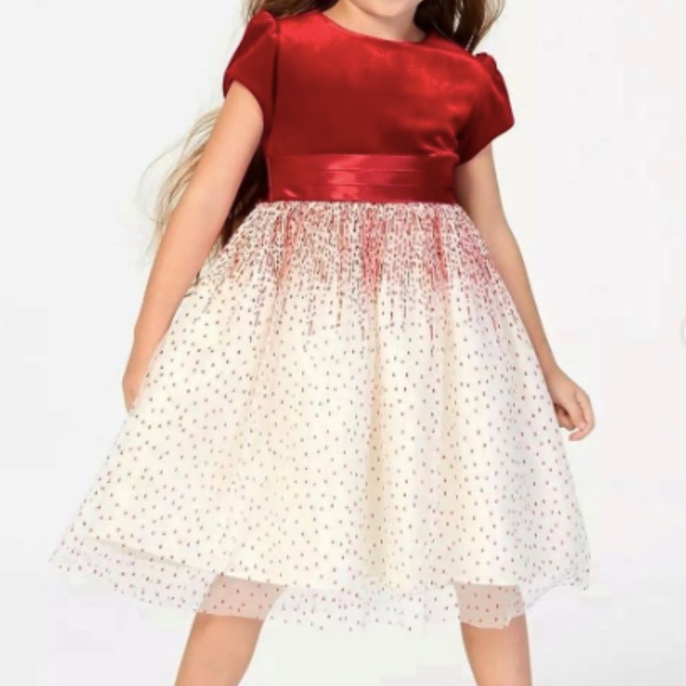 NEW Jayne Copeland Girls Red Velvet Ivory Bow Sparkle Dress Size 4